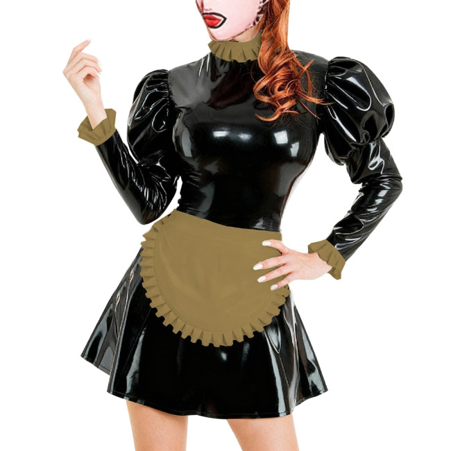 Lolita Adult Naughty Maid Uniform Glossy PVC Leather French Apron Maid Dress Ruffles Trim Puff Long Sleeve Dress Outfits Cosplay