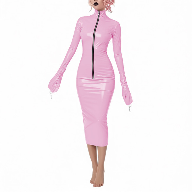 Fetish Novelty Full Long Sleeve Bodycon Midi Dress Party Club Sheath Wetlook Dress Zipper Front Women PVC Shiny Elegant Dresses