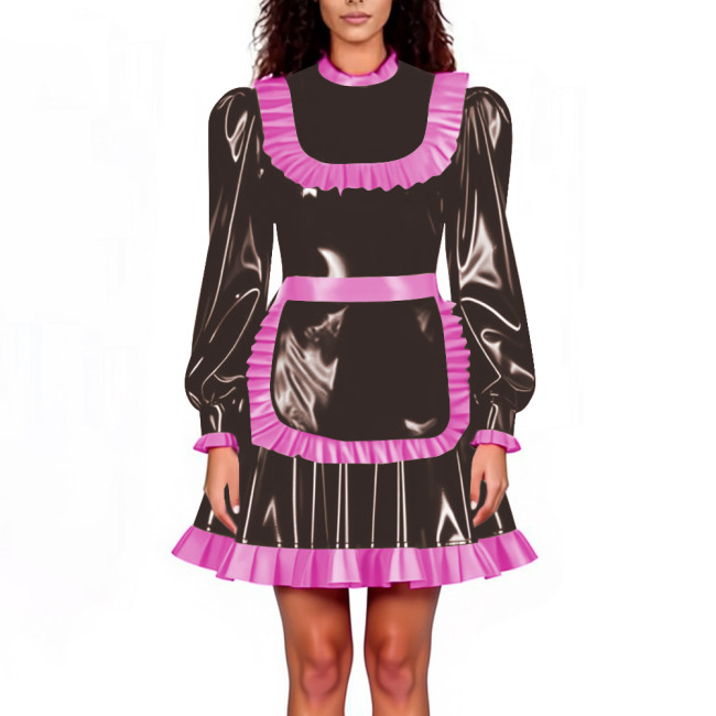 Lockable Maid Servant PVC Shiny Dress Outfits Adult Cosplay Ruffles Hem Apron Pleated A-line Dresses Halloween Party Clubwear