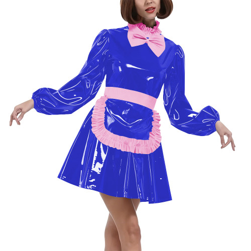 Lolita Puff Long Sleeves Maid Uniforms Halloween Theme Party Cosplay Costume Lockable PVC Leather Bow Pleated Dress with Apron