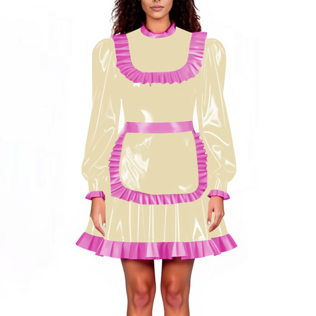 Lockable Maid Servant PVC Shiny Dress Outfits Adult Cosplay Ruffles Hem Apron Pleated A-line Dresses Halloween Party Clubwear