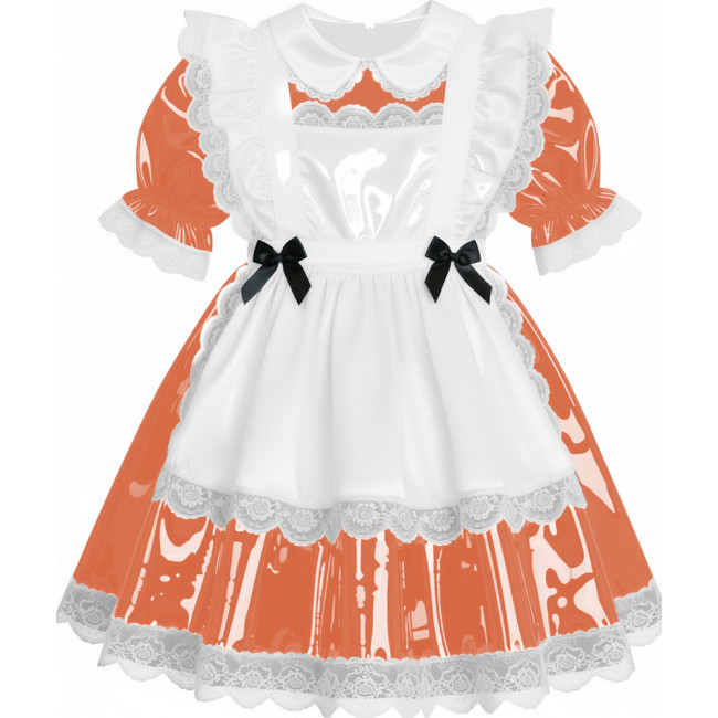 Sweet French Maid Servant Cosplay Dress Lockable Puff Short Sleeve Lace Trim PVC A-line Maid Dress for Halloween Carnival Party