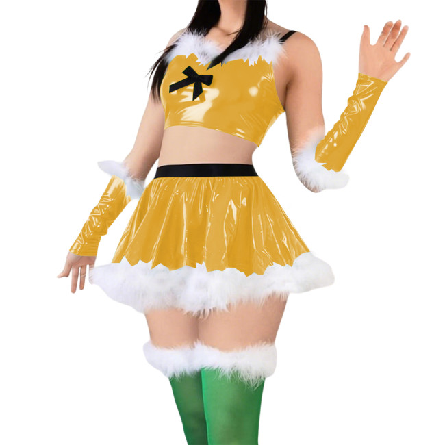 Women Cute Sweet Santa Dress Outfits PVC Shiny Sling Crop Tops Mini Pleated Skirt with Gloves Christmas Suit for Cosplay Night