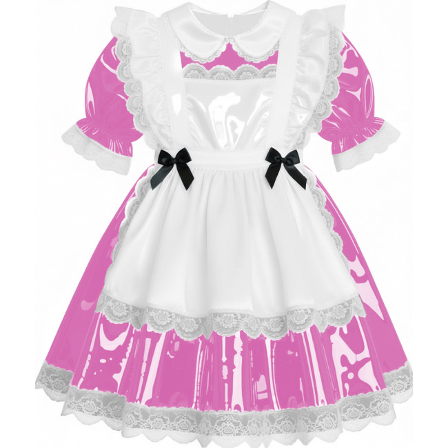 Sweet French Maid Servant Cosplay Dress Lockable Puff Short Sleeve Lace Trim PVC A-line Maid Dress for Halloween Carnival Party