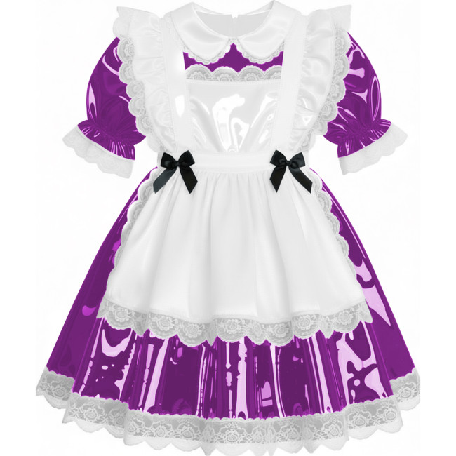 Sweet French Maid Servant Cosplay Dress Lockable Puff Short Sleeve Lace Trim PVC A-line Maid Dress for Halloween Carnival Party