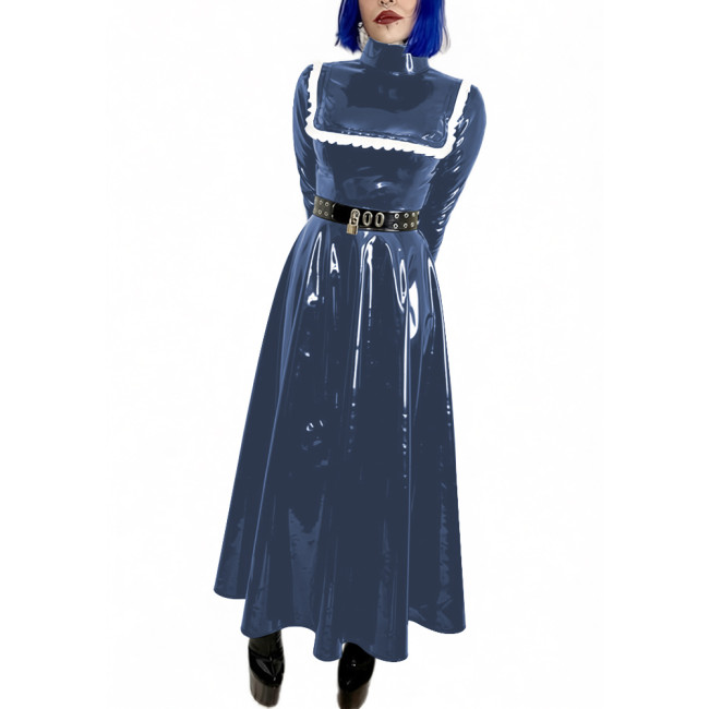 Lockable Wet Look Women Evening Dress Gowns Stand Collar Long Sleeve Vinyl PVC Leather Maxi Dresses Cocktail Party Pleated Dress