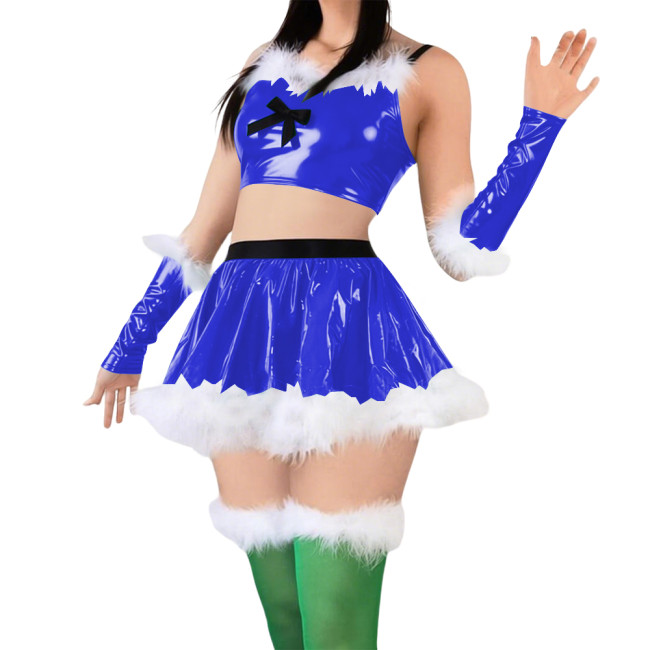 Women Cute Sweet Santa Dress Outfits PVC Shiny Sling Crop Tops Mini Pleated Skirt with Gloves Christmas Suit for Cosplay Night