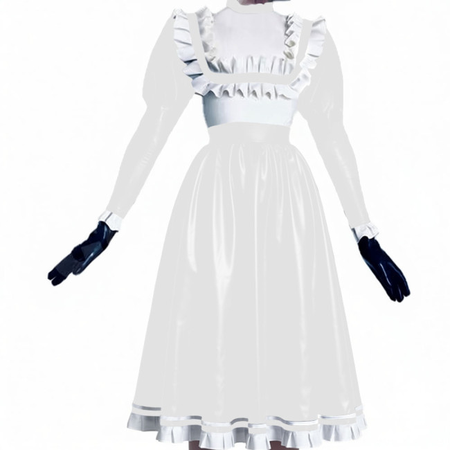 Puff Long Sleeve Ruffles Patchwork Long Dress Matte PU Leather Preppy Style Pleated Dress Crossdresser Vestido Women's Clothing