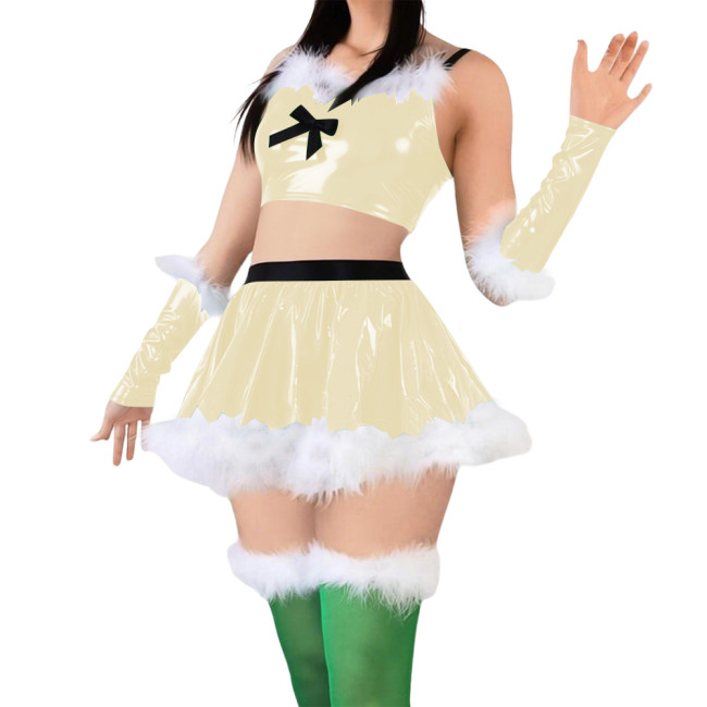 Women Cute Sweet Santa Dress Outfits PVC Shiny Sling Crop Tops Mini Pleated Skirt with Gloves Christmas Suit for Cosplay Night