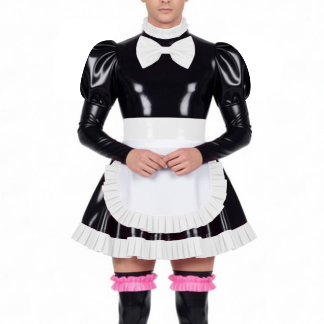 Mens Sissy Maid Dress Outfits High Neck Ruffles Trim Wetlook PVC Leather Mini Pleated Dress with Lock Crossdresser Maid Uniform