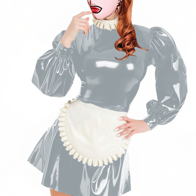 Party Lockable Maid Uniforms Puff Long Sleeves PVC Shiny Sexy Mini A-line Pleated Maid Dress with Apron Carnival Cosplay Costume