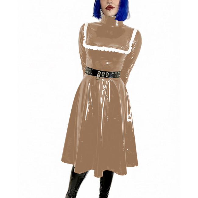 High Neck Midi Dress Woman Pleated Long Sleeves PVC Shiny A-line Dress Elegant Party Dresses Wetlook Formal Gowns Streetwear