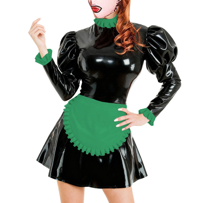 Lolita Adult Naughty Maid Uniform Glossy PVC Leather French Apron Maid Dress Ruffles Trim Puff Long Sleeve Dress Outfits Cosplay