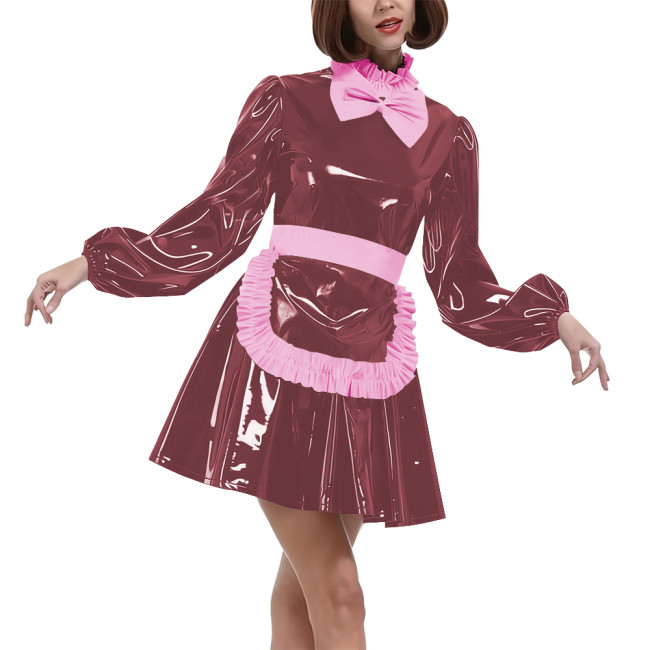 Lolita Puff Long Sleeves Maid Uniforms Halloween Theme Party Cosplay Costume Lockable PVC Leather Bow Pleated Dress with Apron