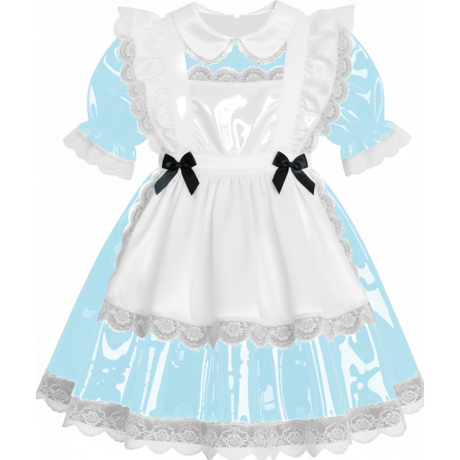 Sweet French Maid Servant Cosplay Dress Lockable Puff Short Sleeve Lace Trim PVC A-line Maid Dress for Halloween Carnival Party