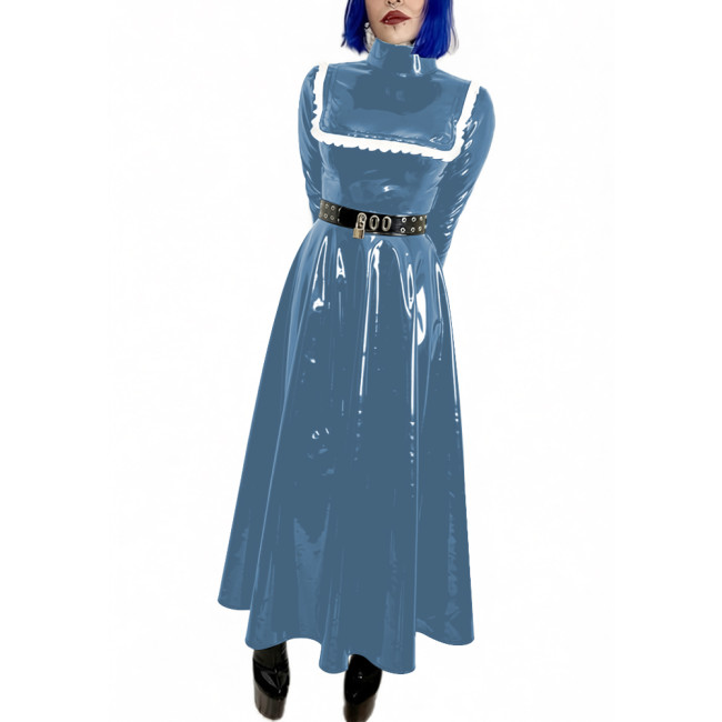 Lockable Wet Look Women Evening Dress Gowns Stand Collar Long Sleeve Vinyl PVC Leather Maxi Dresses Cocktail Party Pleated Dress