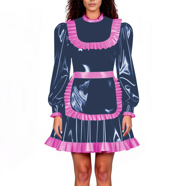 Lockable Maid Servant PVC Shiny Dress Outfits Adult Cosplay Ruffles Hem Apron Pleated A-line Dresses Halloween Party Clubwear