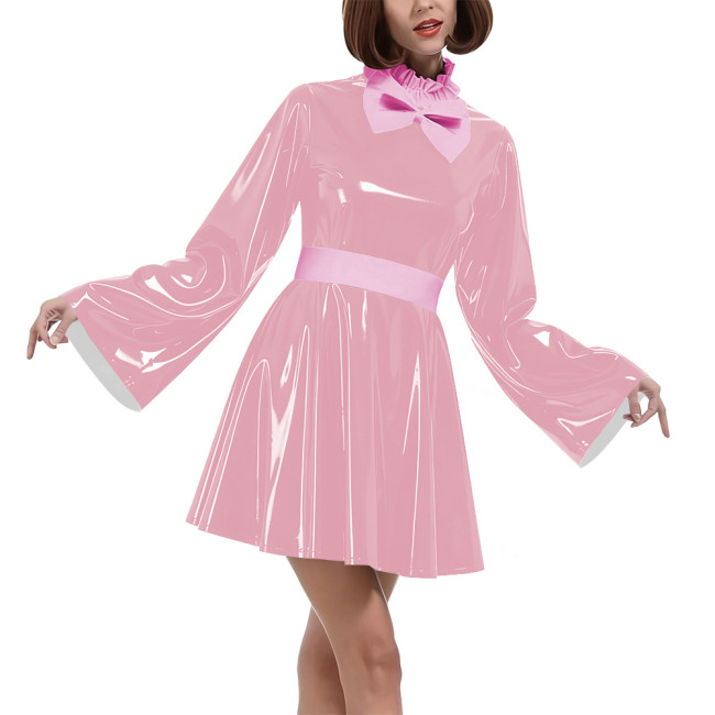 Lockable Vinyl PVC Maid Outfits Womens Flared Sleeves Ruffles Collar A-line Dress with Belt Carnival Cosplay Clubwear Costume