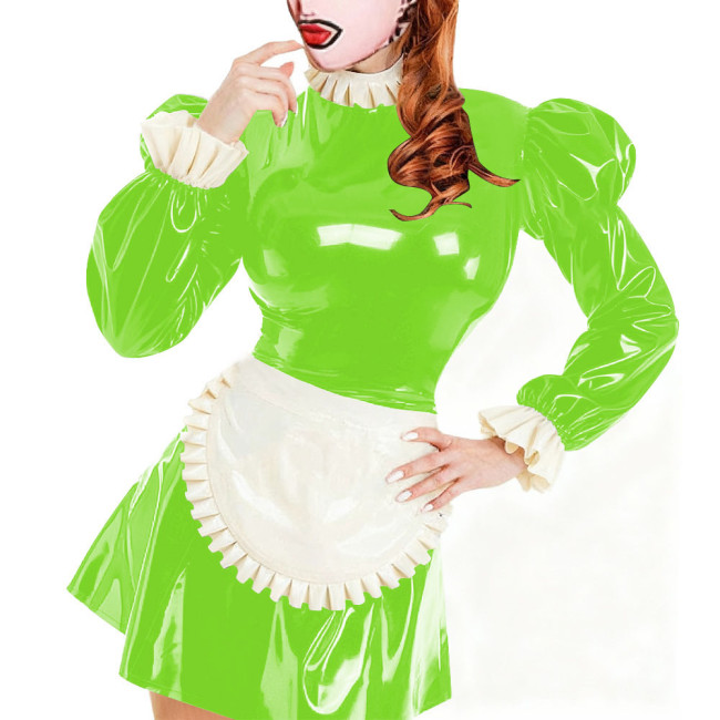 Sissy Servants Maid Mini Dress with Lock Ruffles Collar Long Sleeve PVC Glossy Leather A-Line Maid Dresses Party Cosplay Outfits