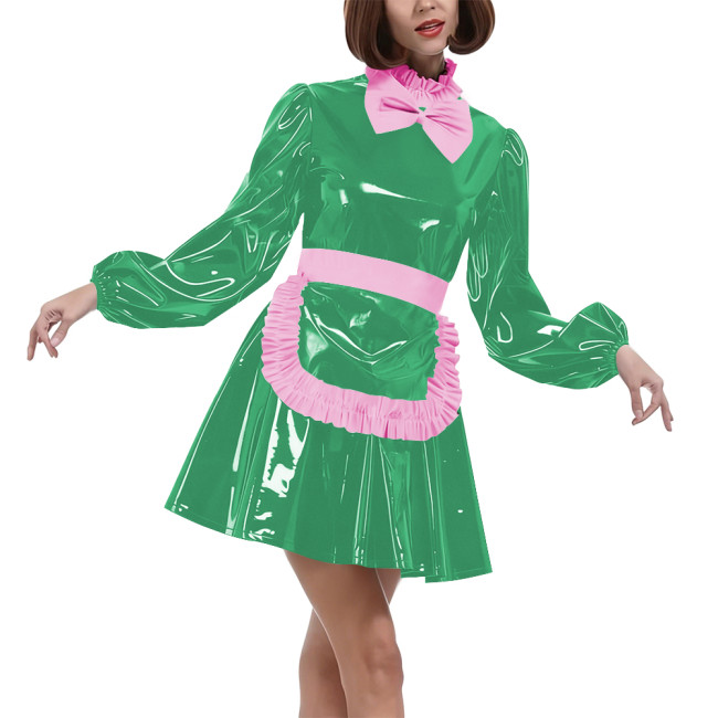 Lolita Puff Long Sleeves Maid Uniforms Halloween Theme Party Cosplay Costume Lockable PVC Leather Bow Pleated Dress with Apron