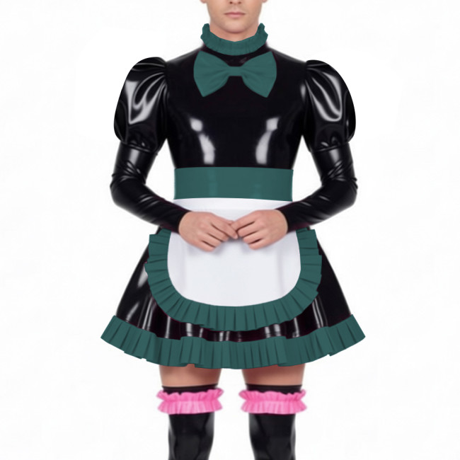 Mens Sissy Maid Dress Outfits High Neck Ruffles Trim Wetlook PVC Leather Mini Pleated Dress with Lock Crossdresser Maid Uniform