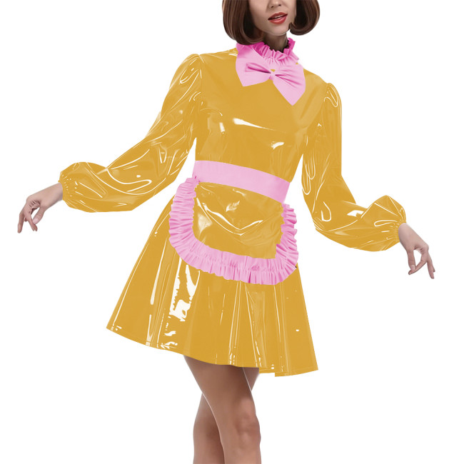 Lolita Puff Long Sleeves Maid Uniforms Halloween Theme Party Cosplay Costume Lockable PVC Leather Bow Pleated Dress with Apron
