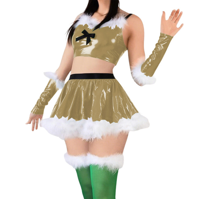 Women Cute Sweet Santa Dress Outfits PVC Shiny Sling Crop Tops Mini Pleated Skirt with Gloves Christmas Suit for Cosplay Night