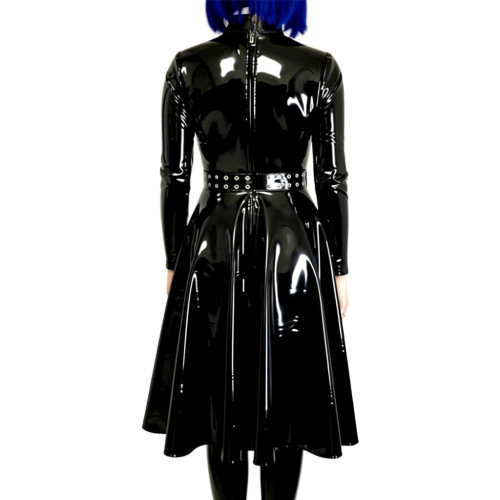 High Neck Midi Dress Woman Pleated Long Sleeves PVC Shiny A-line Dress Elegant Party Dresses Wetlook Formal Gowns Streetwear