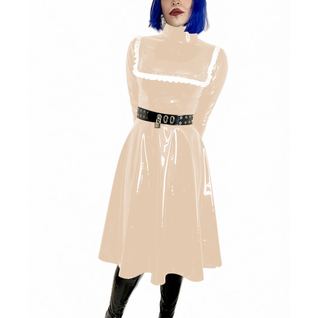 High Neck Midi Dress Woman Pleated Long Sleeves PVC Shiny A-line Dress Elegant Party Dresses Wetlook Formal Gowns Streetwear