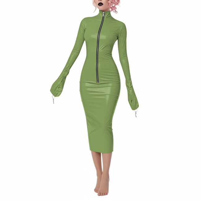 Fetish Novelty Full Long Sleeve Bodycon Midi Dress Party Club Sheath Wetlook Dress Zipper Front Women PVC Shiny Elegant Dresses