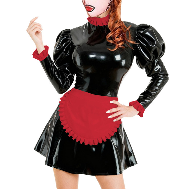 Lolita Adult Naughty Maid Uniform Glossy PVC Leather French Apron Maid Dress Ruffles Trim Puff Long Sleeve Dress Outfits Cosplay