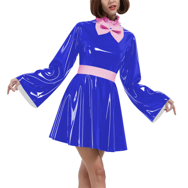 Lockable Vinyl PVC Maid Outfits Womens Flared Sleeves Ruffles Collar A-line Dress with Belt Carnival Cosplay Clubwear Costume