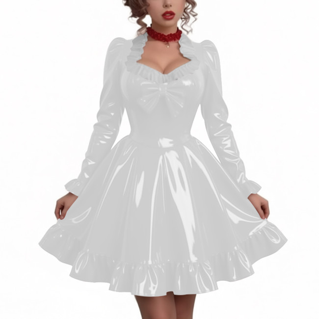 Women Sweetheart Neck Long Sleeve Party Dresses Chic Princess Ruffles Hem Pleated Short Dress Shiny PVC Leather Club Porm Dress