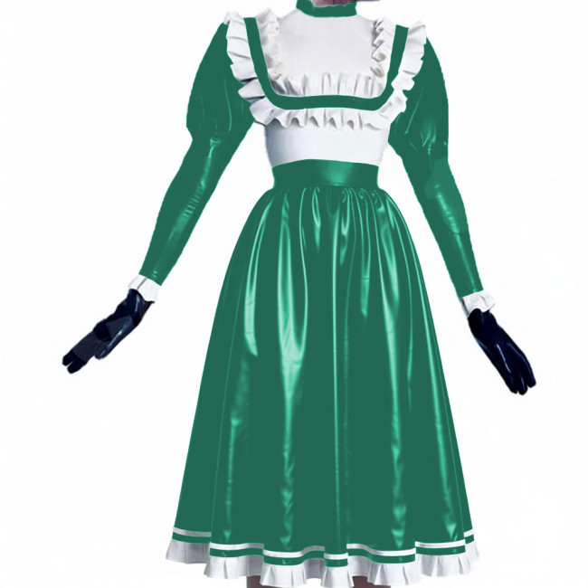 Puff Long Sleeve Ruffles Patchwork Long Dress Matte PU Leather Preppy Style Pleated Dress Crossdresser Vestido Women's Clothing