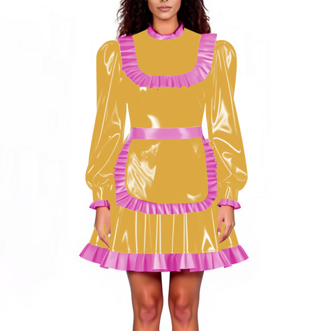 Lockable Maid Servant PVC Shiny Dress Outfits Adult Cosplay Ruffles Hem Apron Pleated A-line Dresses Halloween Party Clubwear