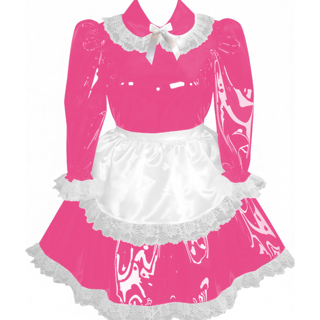 Lockable Pleated Maid Cosplay Dress with Apron Adult Wet Look PVC Leather A-line Maid Dress Party Carnival Maid Role Play Dress