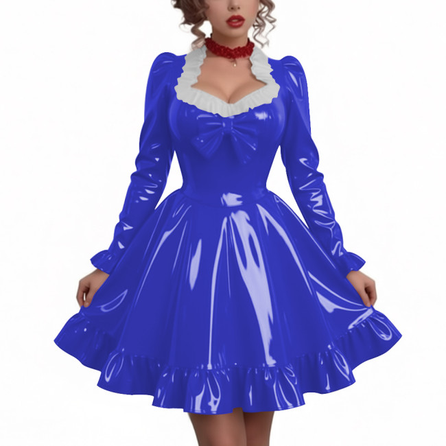 Women Sweetheart Neck Long Sleeve Party Dresses Chic Princess Ruffles Hem Pleated Short Dress Shiny PVC Leather Club Porm Dress