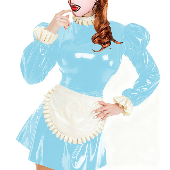Sissy Servants Maid Mini Dress with Lock Ruffles Collar Long Sleeve PVC Glossy Leather A-Line Maid Dresses Party Cosplay Outfits