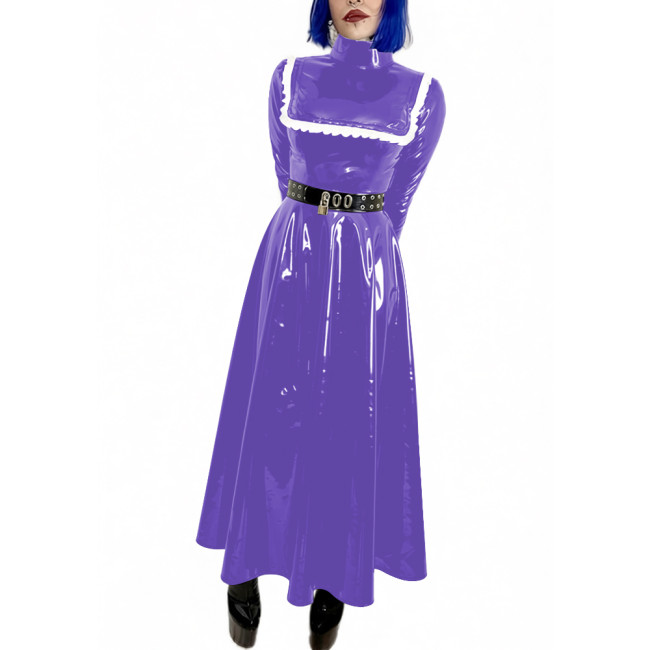 Lockable Wet Look Women Evening Dress Gowns Stand Collar Long Sleeve Vinyl PVC Leather Maxi Dresses Cocktail Party Pleated Dress