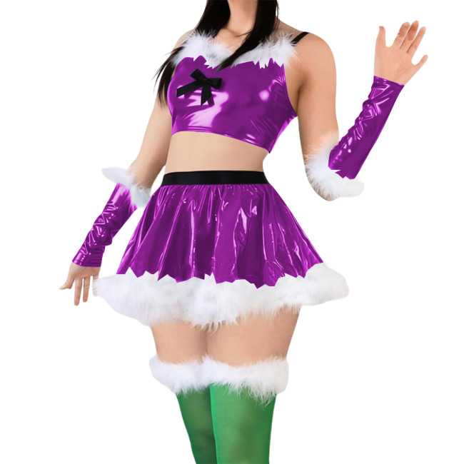 Women Cute Sweet Santa Dress Outfits PVC Shiny Sling Crop Tops Mini Pleated Skirt with Gloves Christmas Suit for Cosplay Night