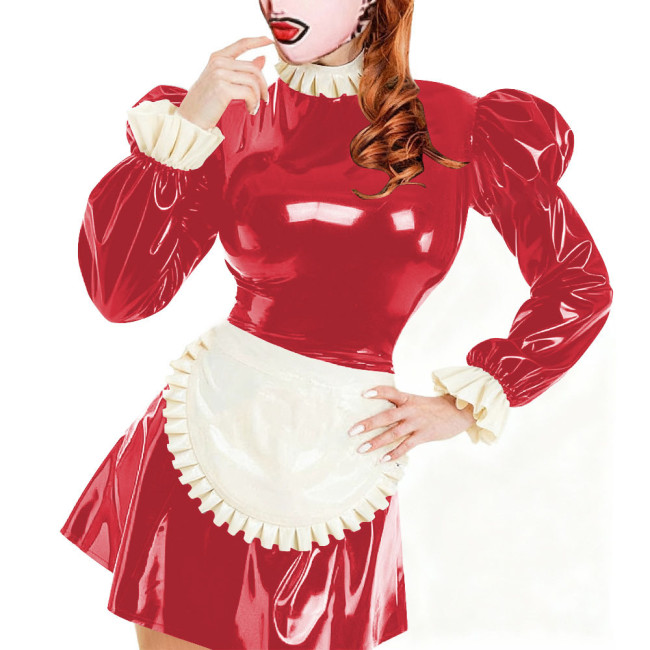 Sissy Servants Maid Mini Dress with Lock Ruffles Collar Long Sleeve PVC Glossy Leather A-Line Maid Dresses Party Cosplay Outfits