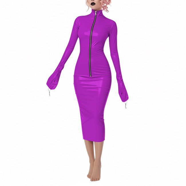 Fetish Novelty Full Long Sleeve Bodycon Midi Dress Party Club Sheath Wetlook Dress Zipper Front Women PVC Shiny Elegant Dresses