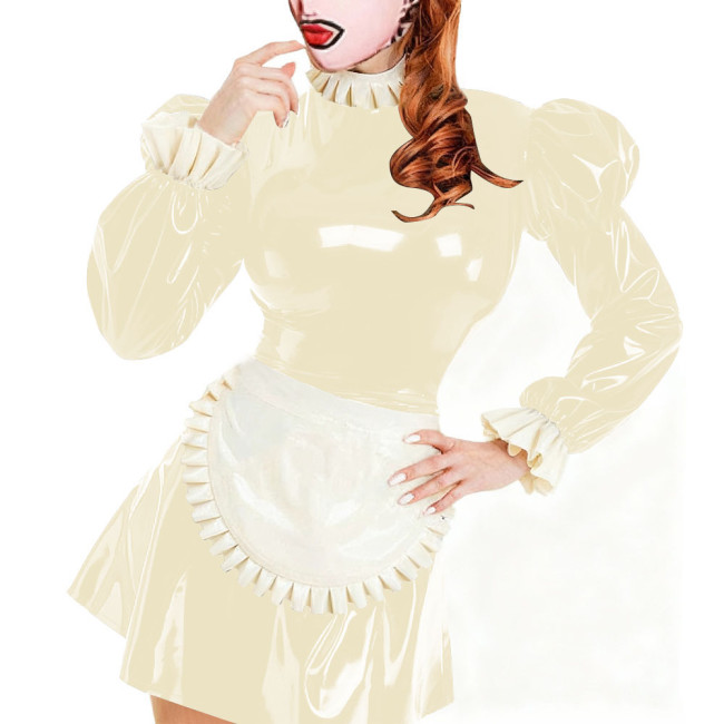 Sissy Servants Maid Mini Dress with Lock Ruffles Collar Long Sleeve PVC Glossy Leather A-Line Maid Dresses Party Cosplay Outfits