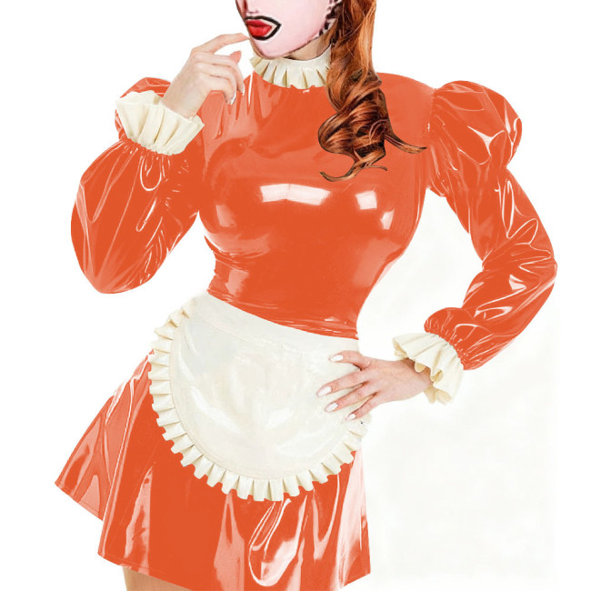 Sissy Servants Maid Mini Dress with Lock Ruffles Collar Long Sleeve PVC Glossy Leather A-Line Maid Dresses Party Cosplay Outfits