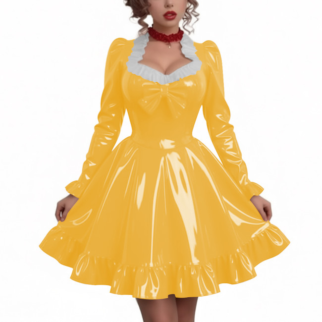 Women Sweetheart Neck Long Sleeve Party Dresses Chic Princess Ruffles Hem Pleated Short Dress Shiny PVC Leather Club Porm Dress