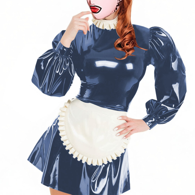 Party Lockable Maid Uniforms Puff Long Sleeves PVC Shiny Sexy Mini A-line Pleated Maid Dress with Apron Carnival Cosplay Costume
