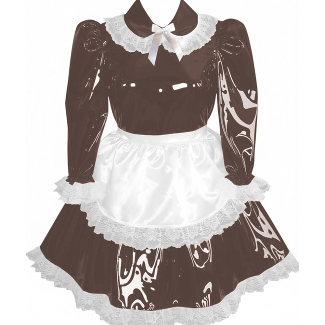 Lockable Pleated Maid Cosplay Dress with Apron Adult Wet Look PVC Leather A-line Maid Dress Party Carnival Maid Role Play Dress