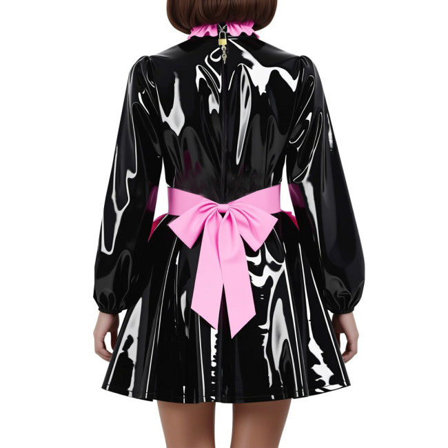 Lolita Puff Long Sleeves Maid Uniforms Halloween Theme Party Cosplay Costume Lockable PVC Leather Bow Pleated Dress with Apron
