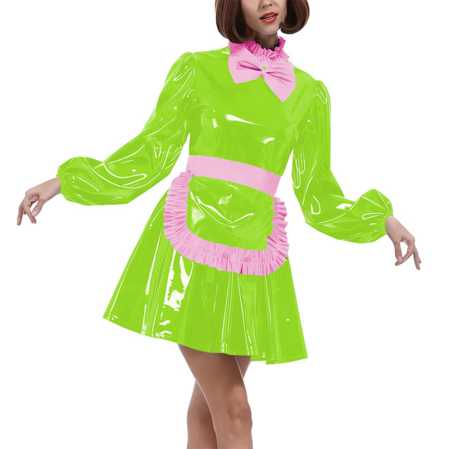 Lolita Puff Long Sleeves Maid Uniforms Halloween Theme Party Cosplay Costume Lockable PVC Leather Bow Pleated Dress with Apron