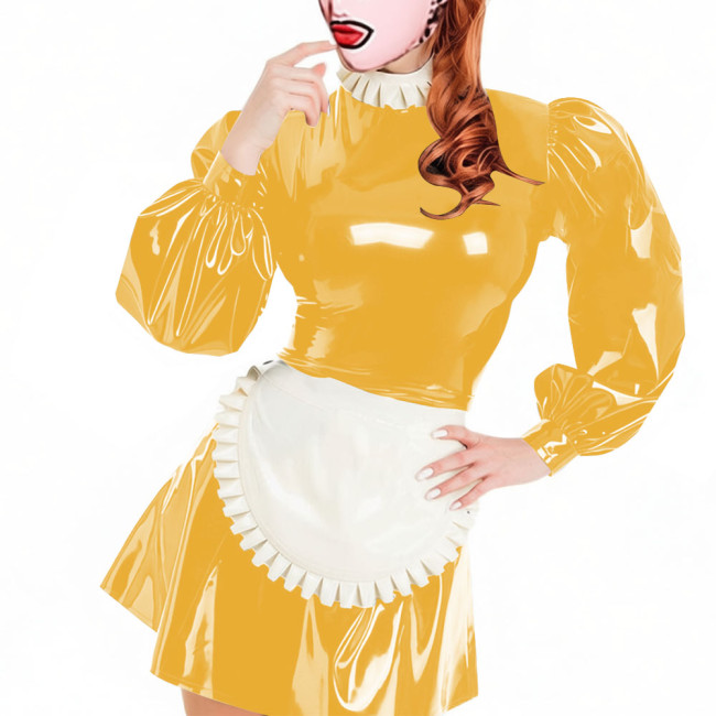 Party Lockable Maid Uniforms Puff Long Sleeves PVC Shiny Sexy Mini A-line Pleated Maid Dress with Apron Carnival Cosplay Costume